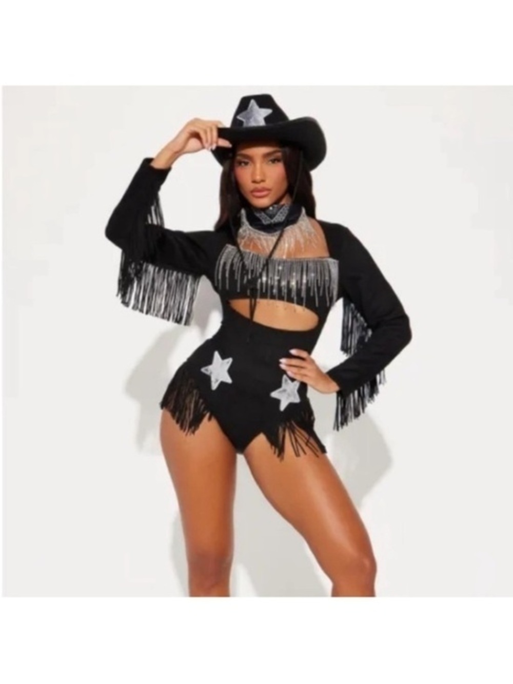 Black Fringe Cowgirl Costume Bodysuit with Silver Star Accents